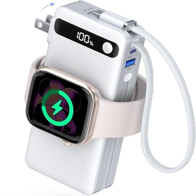 BREEKET Nano Power Bank, 10000mAh Portable Charger with Built-in Cables & Wall Plug, 5 Outputs 22.5W USB C Fast Charging Travel Battery Pack for iPhone 17/16/15/14, Apple Watch Ultra/11/10/9/8/7/6/SE