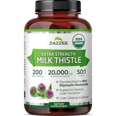Zazzee USDA Organic Milk Thistle 50:1 Extract, 20,000 mg Strength, 200 Vegan Capsules, 80% Silymarin Flavonoids, 6+ Month Supply, Extra Strength, Liver Detox, Liver Cleanse, Non-GMO, Made in The USA