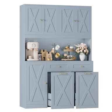 HOSTACK 71"H Kitchen Trash Can Cabinet, 12.5 Gallon Double Pull Out Garbage Can Hutch Cabinet with Trash Bin Storage Holders, 47" Wide Kitchen Pantry with Hidden Garbage Storage for Dining Room, Blue