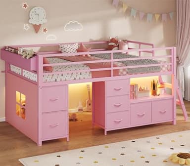 ADORNEVE Low Loft Bed Twin Size with 7 Storage Drawers, Bookcase and LED Lights, Metal Kids Loft Bed with 14" H Safety Guardrail,Inclined Ladder and Play Curtain, Under-Bed Play Space,Pink