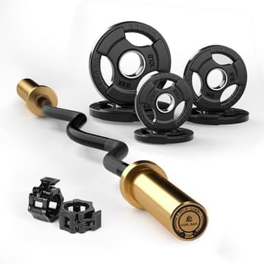 LIONSCOOL Golden Sleeves EZ Curl Bar with 35lb Rubber Coated Grip Plate Set with Barbell Clamps