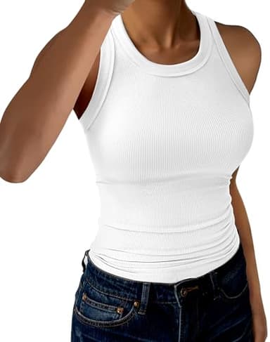 GKBK Womens Tank Tops High Neck Sleeveless Ribbed Tank Casual Basic Thick Strap Slim Fitted Racerback Shirts Solid- White