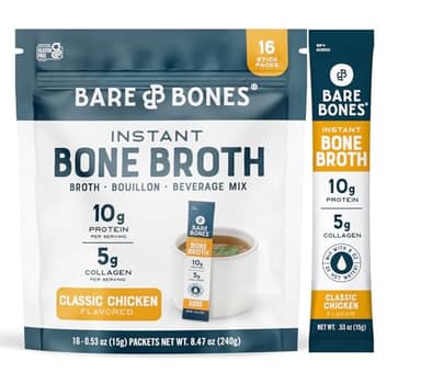 Bare Bones Classic Chicken Bone Broth Instant Powdered Mix Packets | 5g Collagen | 10g Protein | Keto & Paleo Friendly | No Artificial Flavors | Non-GMO, Gluten-Free, Dairy-Free on-the-go 16 Pack