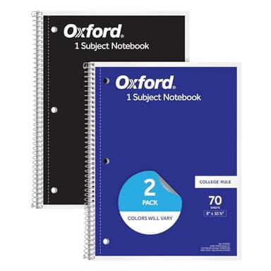 Oxford Spiral Notebooks, 2 Pack, 1 Subject, College Ruled Notebooks for School, 8 x 10.5 Inches, 70 Sheets, Assorted Colors, Back to School Supplies (1002522)