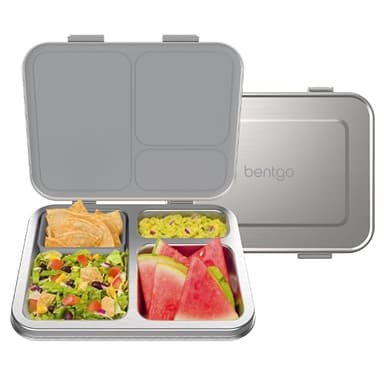 Bentgo Kids Stainless Steel Leak-Resistant Lunch Box - 3-Compartments with Bonus Silicone Container, Durable, Eco-Friendly, Dishwasher Safe, BPA-Free, Ideal for School, Ages 3+ (Silver)