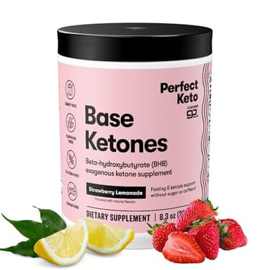 Perfect Keto Exogenous Ketones Powder, BHB Salts Supplement for Ketosis & Fasting, Electrolytes for Hydration, Caffeine Free Energy, Keto Diet, Focus & Workout Support, Strawberry Lemonade, 8.57 oz