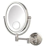 JERDON Two-Sided Wall-Mounted Makeup Mirror with Lights - Lighted Makeup Mirror with 10X Magnification & Wall-Mount Arm - Oval Mirror with Nickel Finish Wall Mount - Direct Wire - Model HL9515NLD