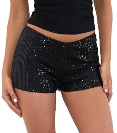 Women Y2k Sequin Micro Shorts Low Rise Bodycon Sparkly Mini Shorts Sexy Going Out Bottoms Rave Party Clubwear(Black,S)