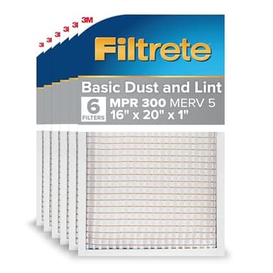 Filtrete 16x20x1 Air Filter MERV 5, 6-Pack AC Furnace HVAC Filters for Home, MPR 300 Basic Dust Defense, Pleated Electrostatic Removes Lint & Dust (Actual Size 15.69x19.69x0.81 in)