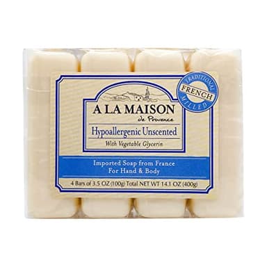 A LA MAISON Hypoallergenic Unscented Bar Soap - Triple French Milled Natural Moisturizing Hand Soap Bar (4 Bars of Soap, 3.5 oz)