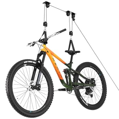 ZEUMIE Bike Hoist, Ceiling Mount Bike Hanger Holds 100 lbs, Ebike Lift Garage Overhead Storage for Bike, Ladder, Snowdoard
