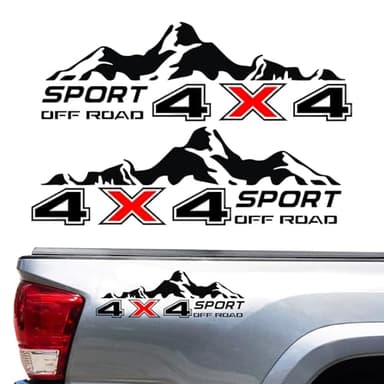 4X4 Off Road Sport with Mountain Pattern Decal Stickers 2Pcs, Vehicle Decor Accessories Compatible with Tacoma Tundra F150 RAM Wrangler Truck Pickup Bed Side, with Squeegee 1Pcs, Black and Red