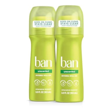 Ban Invisible Roll-on Antiperspirant Deodorant for Women and Men, 24-hour Underarm Odor & Sweat Protection, Unscented, 3.5 Oz, Pack of 2