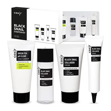 coxir Black Snail Collagen Starter Kit – Cleanser, Toner, Serum & Cream | Repairing Snail Mucin Skincare Set, Hydrating Korean Beauty Routine for Women (4-Piece)