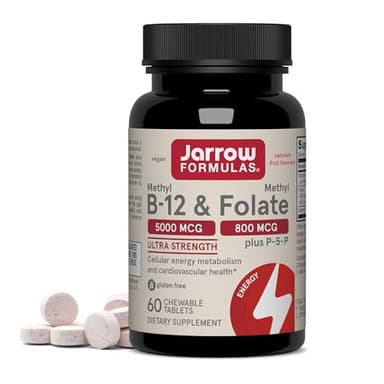 Jarrow Formulas Methyl B-12 & Methyl Folate, Bioactive Vitamin B9 and Vitamin B12 Supplement, Supports Cellular Energy Production, Healthy Brain Function & Metabolism, 60 Chewable Tablets, 60 Servings