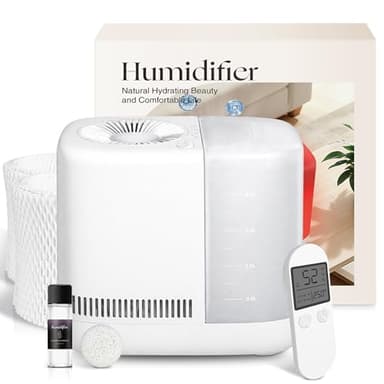 Obgnsai Evaporative Humidifier for Bedroom (No Mist) – Dishwasher Safe, No White Dust, Smart Remote with Sensor, Red Sleep Light, White Noise, Nursery Humidifier with 2.5L Tank, 2 Filters & Aroma Kit