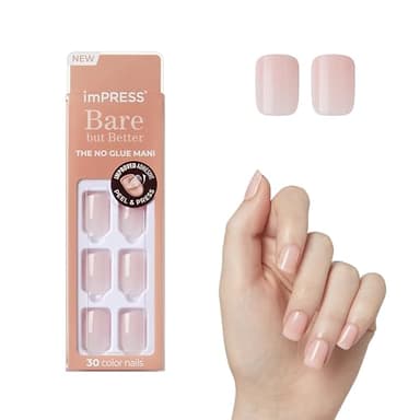 KISS imPRESS No Glue Mani Press On Nails, Bare but Better, 'Instinct', Pink, Short Size, Squoval Shape, Includes 30 Nails, Prep Pad, Instructions Sheet, 1 Manicure Stick, 1 Mini File