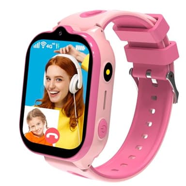 4G Kids Smart Watch GPS Tracker, Smartwatches with Video Calling Two Way Call Puzzle Games Voice Chat One Key SOS School Mode Geo-Fence HD Touch Screen Alarm Clock Smartwatches for Boys Girls (Pink)