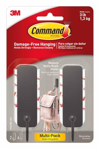 Command Medium Matte Black Wall Hook, 2 Coat Hooks and 4 Strips, Damage-Free Hanging with Adhesive, No Tools Great for Hanging Home Decor, Holds up to 3 lb