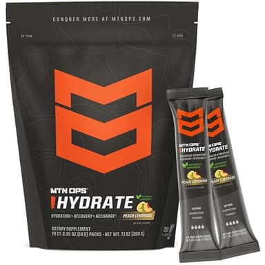 MTN OPS Hydrate Electrolytes Powder Drink Mix, Naturally Sweetened with Monk Fruit, Gluten Free 20 Single Serving On-The-Go Electrolyte Packs, Peach Lemonade