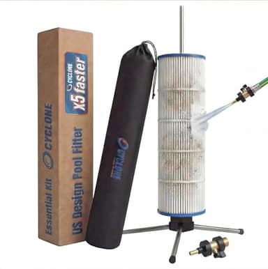 Cyclone Pool Filter Cleaner Essential – Patented Hose-Powered Spinning Cartridge Filter Cleaning Tool with Tripod Stand & Brass Shut-Off Nozzle – Fits 3”, 4”, 6” ID Filters