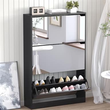 BORNOON Shoe Cabinet with 3-Flip Mirror Drawers, Freestanding Shoe Rack Organizer with Hidden Handle, Slim Narrow Shoe Storage Cabinet for Entryway, Entrance, Hallway, Bedroom
