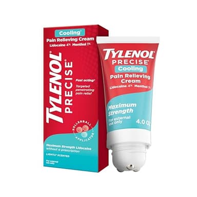 Tylenol Precise Cream, Cooling Sensation Pain Relief, Roll‑On, Lidocaine 4%, Menthol 1%, Targeted Maximum OTC Strength Combination for Back, Muscle and Joint, Numbing Cream Rollerball Applicator, 4 oz