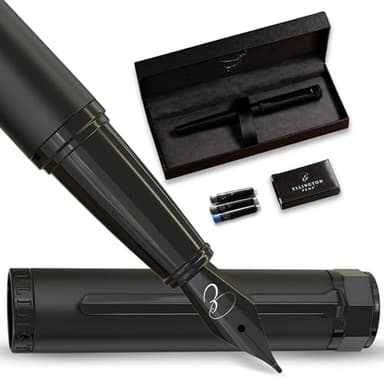 Ellington Pens Luxury Fountain Pen Set - Smooth Medium Nib - Includes 3 Ink Cartridges, Refillable Ink Converter, Gift Box - Fountain Pens For Writing, Calligraphy, Journaling, Sketching (The Stealth)