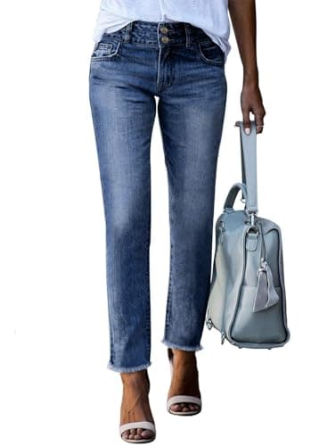 Sidefeel Women's High Waisted Tummy Control Jeans Trendy 2025 Straight Leg Raw Hem Denim Pants Sky Blue Size 8