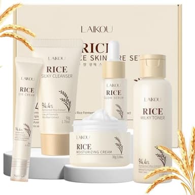 LAIKOU Skin Care Set, Korean Skin Care with Rice Cleanser, Toner, Serum, Eye Serum, Moisturizing Cream 5pcs for Women Teen Girls Mom Daughter Mother's Day Birthday Christmas Lover Korean Beauty