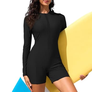 Zando UPF 50+ Womens Rash Guard Long Sleeve Swimsuit - Black One Piece Full Body Bathing Suit with Front Zipper, Boyleg Design Women's Swimwear for Surfing Snorkeling Beach Vacation Swimming Medium