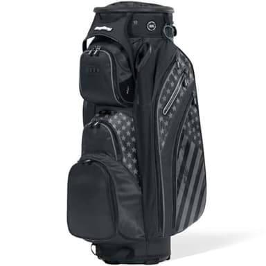 Bag Boy Revolver XP Golf Cart Bag, 14 Way 360⁰ Rotating Top with Full Length Individual Dividers, External Putter Tube, 9 Pockets, Black/Stars and Stripes