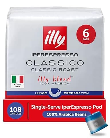 illy Coffee IperEspresso Capsules, Classico Lungo Medium Roast Coffee Pods, 100% Arabica, Premium Italian Blend, 18 Count, 6 Pack