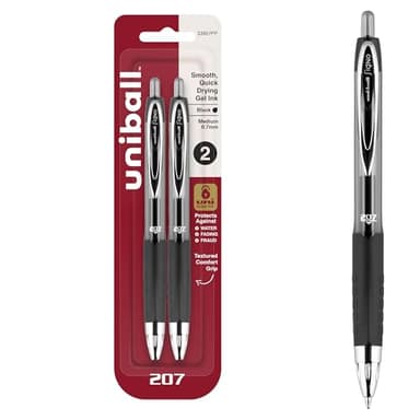 uniball 207 Retractable Gel Pens, Medium Point (0.7mm), Black, 2 Pack