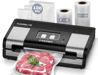 Fully Automatic Vacuum Sealer, 95Kpa Powerful Food Vacuum Sealer Machine, Auto Dry-Wet Detection | Bag Cutter | 2 Rolls Bags & 100 Pcs Precut Bags | Effortless Operation, Silver - Black