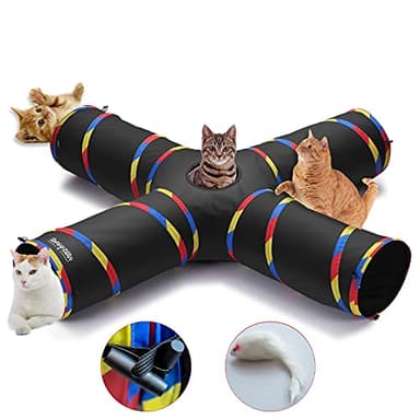 SweetBin 4 Way Large Cat Tunnels for Indoor Cats - 10" Diameter & 47" Long Play Tunnel Toy - Cat Tube with Play Ball & Mouse Toy - Interactive Peephole (Black)