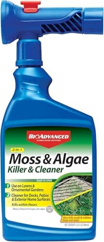BioAdvanced 2-in-1 Moss and Algae Killer for Lawns, Moss Killer for Roofs, Patios, Decks, and Deck Cleaner, 32 oz