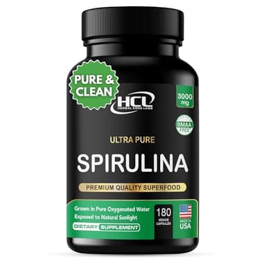 Spirulina Powder Capsules 3000 mg - Purest Non-Irradiated Blue Green Algae - Best Raw Vegan Protein - Green Superfood - Natural Multivitamins – 180 Pills Made in The USA