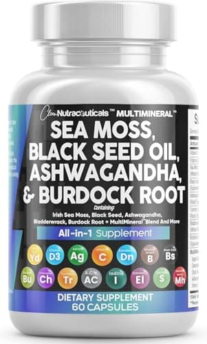 Clean Nutraceuticals Sea Moss Black Seed Oil Ashwagandha Turmeric Bladderwrack Burdock & Vitamin C Vitamin D3 with Elderberry Manuka Dandelion Yellow Dock Iodine Chlorophyll ACV
