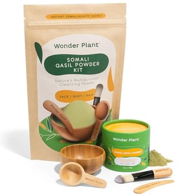 Wonder Plant Somali Qasil Powder Kit | Set for Face, Body, Hair | Includes 2oz (60g) Qasil Powder, Mini Bamboo Bowl, Brush, Spoon & Scraper