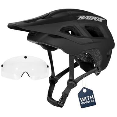 BATFOX Mountain Bike Helmet for Men Women,MTB Bicycle Cycling E-Bike Helmet for Adults Fit(52-60CM) (W/Goggles-Black, L(56-60CM))