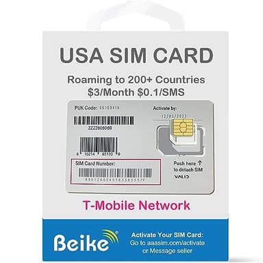Prepaid SIM Card – USA $3/Month Pay As You Go Plan with USA Mobile Number, LTE/5G, T-Mobile Service, $0.10 per Text/Min, Global Roaming