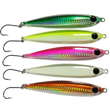 Kmucutie 5 Pieces Epoxy Resin Fishing Jig Lure Great for Inshore and Offshore Game Fish,Artificial Lures for Grouper,Dogtooth,Bass Salmon (Mixed Color A, 2 OZ / 4.5 INCH)
