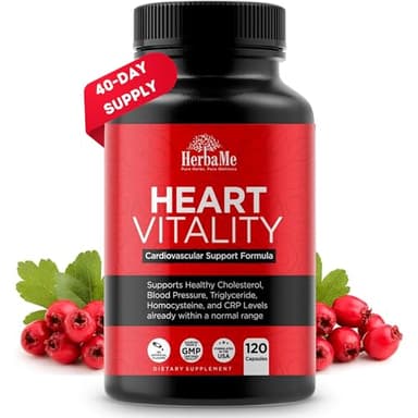 HerbaMe Heart Support and Blood Flow Supplement, 120 Capsules, Supports Cardiovascular Health, Healthy Cholesterol, Triglyceride, Homocysteine, CRP Levels | Boost Naturally Circulatory Function