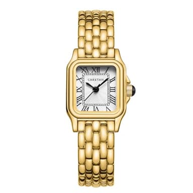CHEETAH Watches for Women with Small Vintage Bracelet, Gold White Face, Rectangular Case, Roman Dial