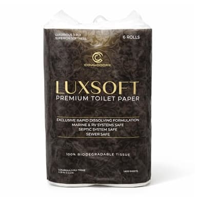 COMMODORE LUXSOFT Deluxe RV Toilet Paper (6 Rolls) - 3 Ply Premium Soft Quick Dissolving Septic Safe Marine 300 Sheets/Roll Boat Camper Bath Tissue Luxury Absorbent Comfort White
