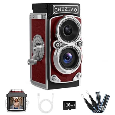 CHUZHAO Mini Retro Digital Camera - Vintage TLR Style Point and Shoot Auto Focus Vlogging Camera, Compact & Portable, 16GB Card Included, Ideal for Beginners, Teens, Adults Red