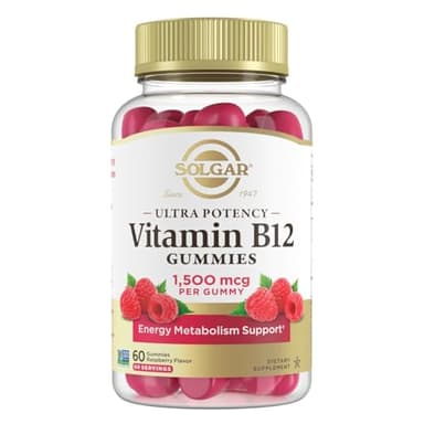 Solgar Methyl B12 Gummies for Adults 1,500mcg Ultra Potency Vitamin for Energy & Metabolism Support, Raspberry Flavor, Vegan & Gluten-Free Gummy for Women & Men, 2 Month Supply, 60 Servings, 2g Sugar
