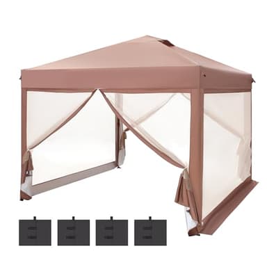 PHI VILLA 10 x 10 Pop Up Canopy Tent with Netting, Instant Gazebo, Ez up Screen House Room with Carry Bag, Height Adjustable, for Outdoor, Garden, Patio,Brown