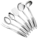 Berglander Stainless Steel Kitchen Utensils Set 6 Pcs, Cooking Utensil Sets, Kitchen Gadgets Essentials Include Metal Spatula Set, Skimmer, Ladle, Serving Spoon, Slotted Spoon, Carving Fork
